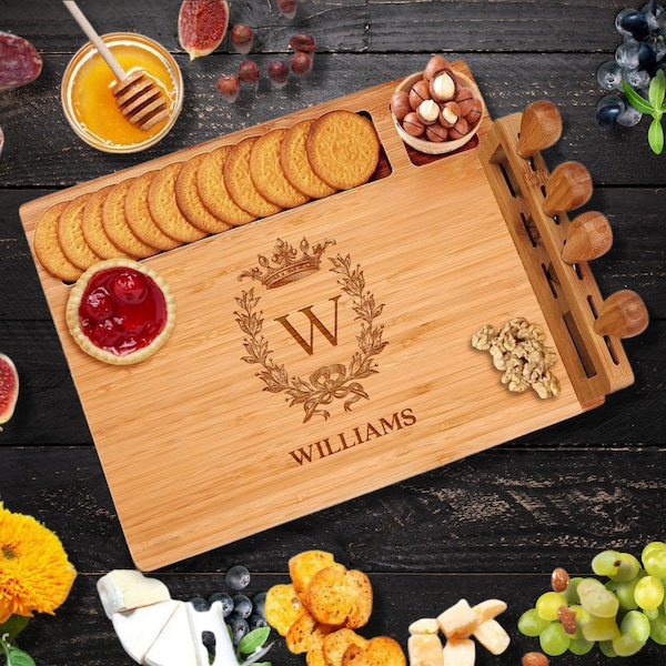 Personalised Bamboo Wooden Cheese Board & Knife Travel Set, Engraved Serve Tray, Charcuterie Platter, Wedding Anniversary, Housewarming Gift