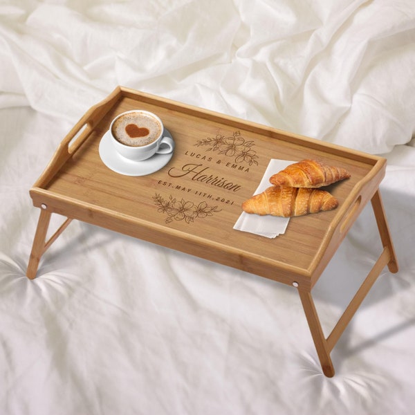 Plateau de lit portable pliable en bambou gravé, plateau avec poignée pour le petit-déjeuner/ pique-nique/le thé de l'après-midi, cadeau d'entreprise/de pendaison de crémaillère, cadeau de mariage