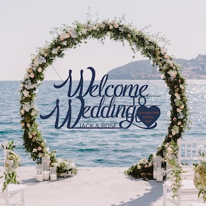 Custom Wooden/ Acrylic Welcome To Our Wedding Hanging Sign, Personalised Name Date Signage, Hedge Photo Prop, Event Wall Hoop Backdrop Decor