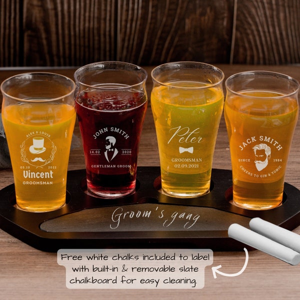 Engraved Set of 4 Beer Tasting Crystal Glasses & Wooden Board Flight Paddle, Custom Personalised Birthday/ Housewarming Gift, Wedding Favour