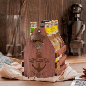 Personalised Wooden Beer Bottle 6 Pack Carrier with Opener, Engraved Custom Logo Etching Rustic Caddy, Father/ Housewarming/ Groomsman Gift