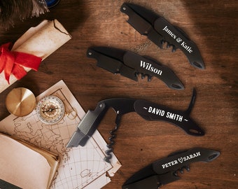 Tire-bouchon à vin noir mat personnalisé, Ouvre-bouteille, Logo personnalisé avec logo imprimé UV/Coupe-papier, Entreprise, Garçons d'honneur, Noël, Cadeau papa