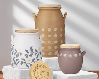 Boîte en grès personnalisée avec couvercle en bois, gâterie gravée personnalisée, nourriture, pot à collation, rangement pour sucettes, enseignant, cadeau de Noël pour un anniversaire de maman