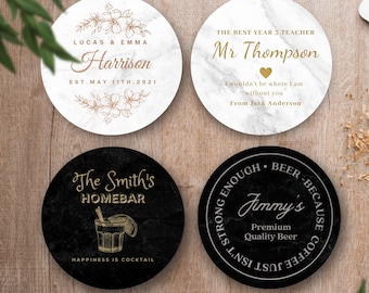 Engraved Metallic Paint Marble Coaster, Personalised Drink Mat, Wedding Favour/ Anniversary / Housewarming/ Birthday/Teacher/ Corporate Gift