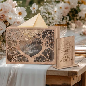Contreplaqué personnalisé acrylique arbre généalogique à souhaits boîte et enseigne, nom personnalisé date argent, enveloppe, boîtes pour cartes, cadeau souvenir de mariage