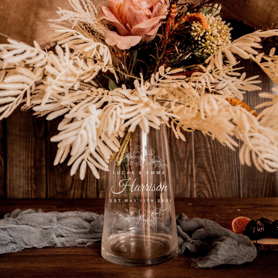 Personalised Large Tapered Glass Vase, Custom Engraved Memorial Wedding