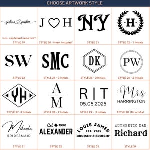 May include: A grid of artwork styles for personalized items. Designs include initials, names, and dates in various fonts and layouts. Text includes "Choose Artwork Style", "Joshua Parker", "Mrs Harrington", and "Alexander".
