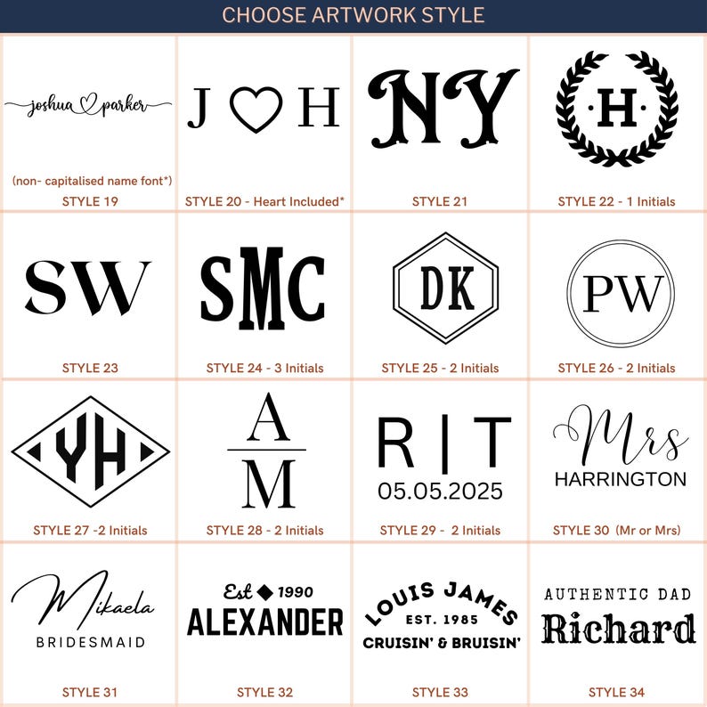 May include: A grid of artwork styles for personalized items. Designs include initials, names, and dates in various fonts and layouts. Text includes "Choose Artwork Style", "Joshua Parker", "Mrs Harrington", and "Alexander".