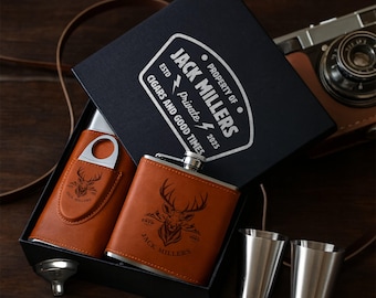 Personalised Tan Leatherette Hip Flask & Cigar Case Set, Custom Engraved Logo Cedarwood Humidifying Holder, Groomsman Dad Corporate Gift Box
