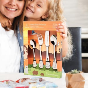 Custom Engraved Kid&#39;s Cutlery 4 Piece Set, Personalised Children Name Australian Animals Dining Tools, Utensils, First Birthday Baptism Gift
