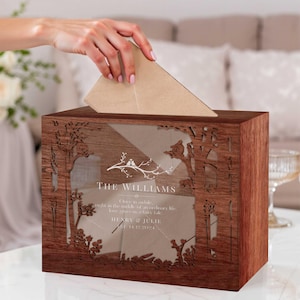 Arbre à souhaits en acrylique contreplaqué personnalisé, boîte et enseigne, nom personnalisé date argent, enveloppe, boîtes à cartes, cadeau souvenir de mariage rustique