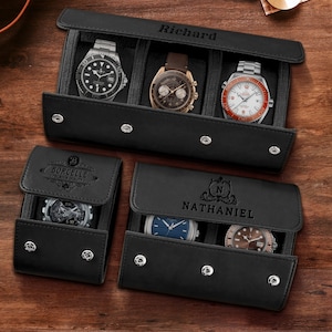 Gepersonaliseerde zwarte kunstleren horlogekast, op maat gegraveerde reishorloges Roll Slot Display opslag, stalknecht / vader / verjaardag kerstcadeau