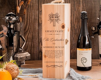 Gepersonaliseerde rustieke grenen beboste wijnkist cadeau gegraveerd aangepaste Inwijdingsfeest, B-dag bruiloft bruidsmeisje stalknecht, dank u God ouders gunst