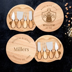 Personalised Round Wood Cheese Hinge Board & Knife Travel Set, Engraved Charcuterie Platter, Wedding Anniversary Corporate Housewarming Gift image 9
