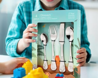 Custom Engraved Kid's Cutlery 4 Piece Set, Personalised Children Name Dinosaurs Dining Tools, Daycare Utensils, First Birthday Baptism Gift