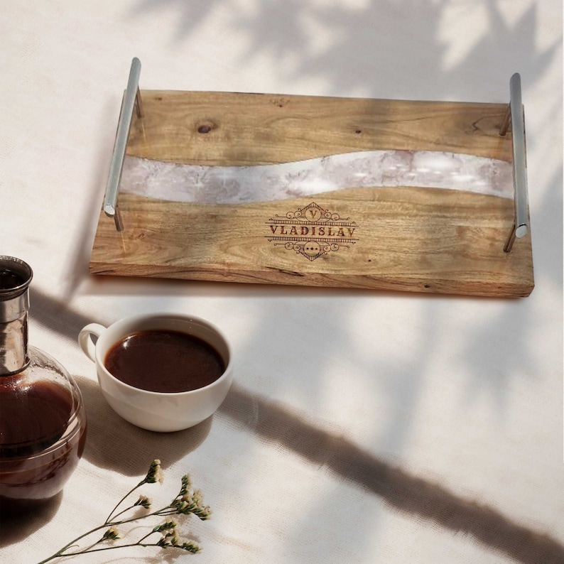 Personalised Acacia Wood & Pink Resin Cheese Handle Tray, Custom Engraved Serving Board, Charcuterie Platter, Decor Housewarming Gift