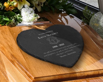 May include: A black heart-shaped slate plaque with the inscription "In loving memory of Karen Margaret 1990-2022 He will be remembered by his parents, wife, and daughters, as well as other family members, colleagues and friends. Monday, March 12th"