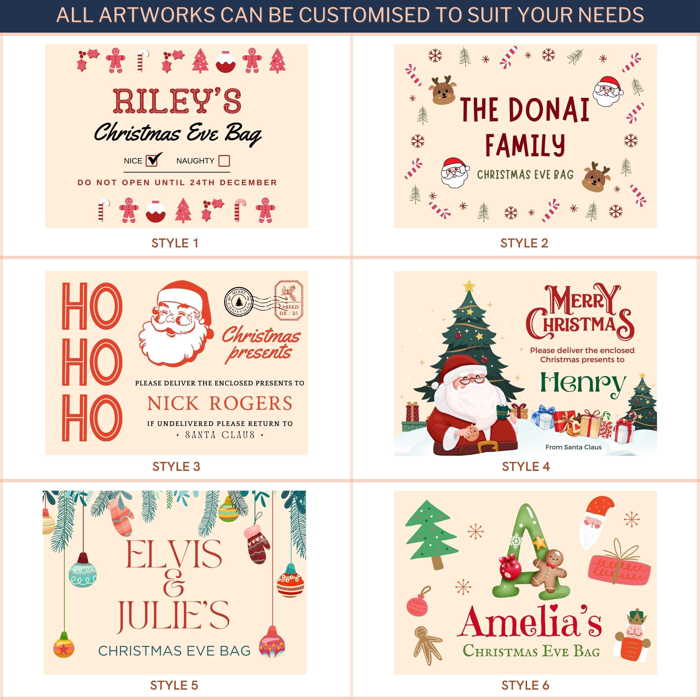 Personalised Christmas Eve Jute Bag, Customised Merry Xmas Stamp Presents Burlap Tote Bag, Kid Family Santa North Pole Delivery Gift Storage