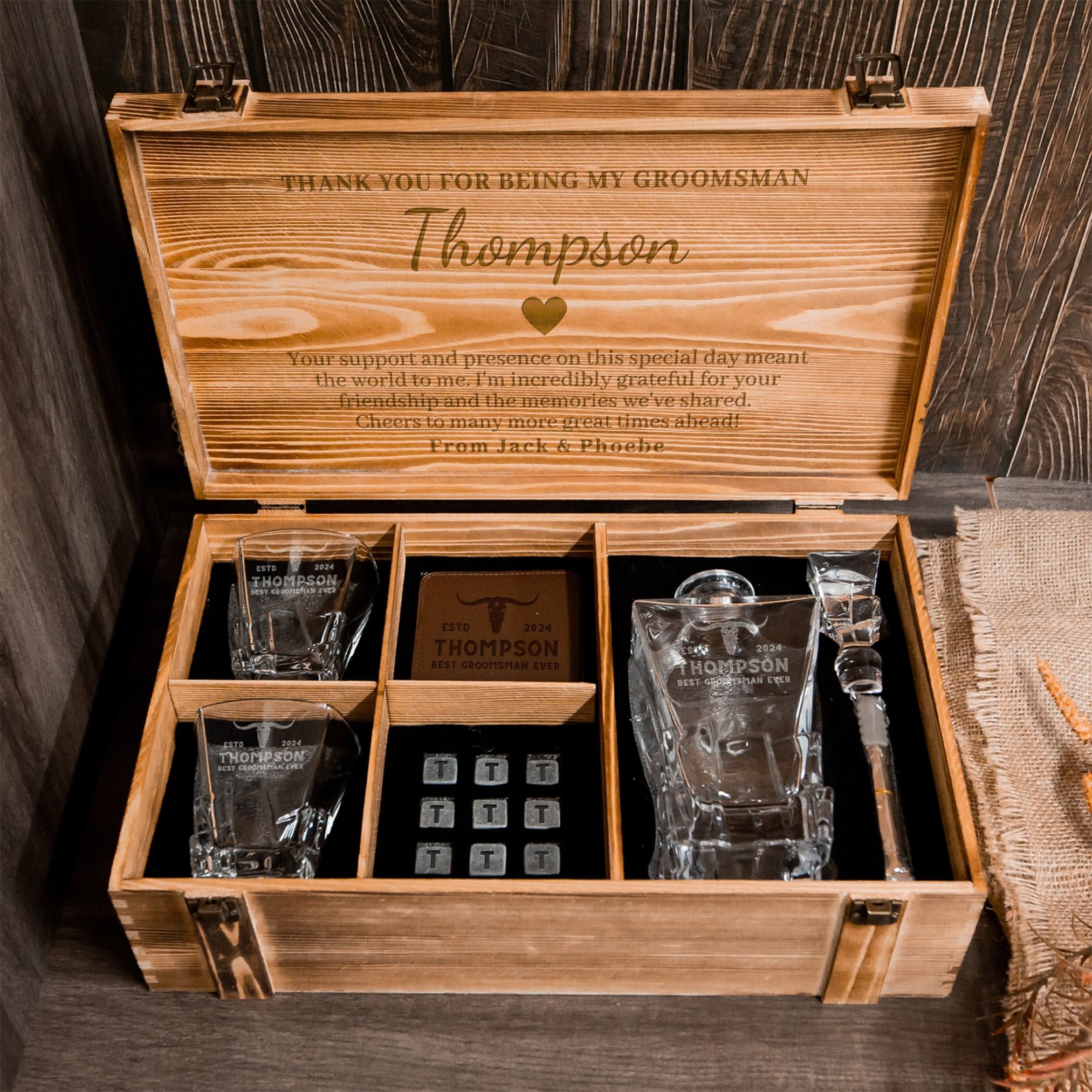 Personalised Army Wood Crate Whiskey Box, Whisky Decanter, 2 Glasses, 9 Ice Stones, 2 Coasters, Tongs, Etched Barware Groomsman Dad Gift Set