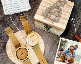 Personalised Message Bamboo Watch & Sketch Photo Wooden Box Set, Custom Engraved Logo Unisex Accessories Storage, Dad, Mom, Anniversary Gift