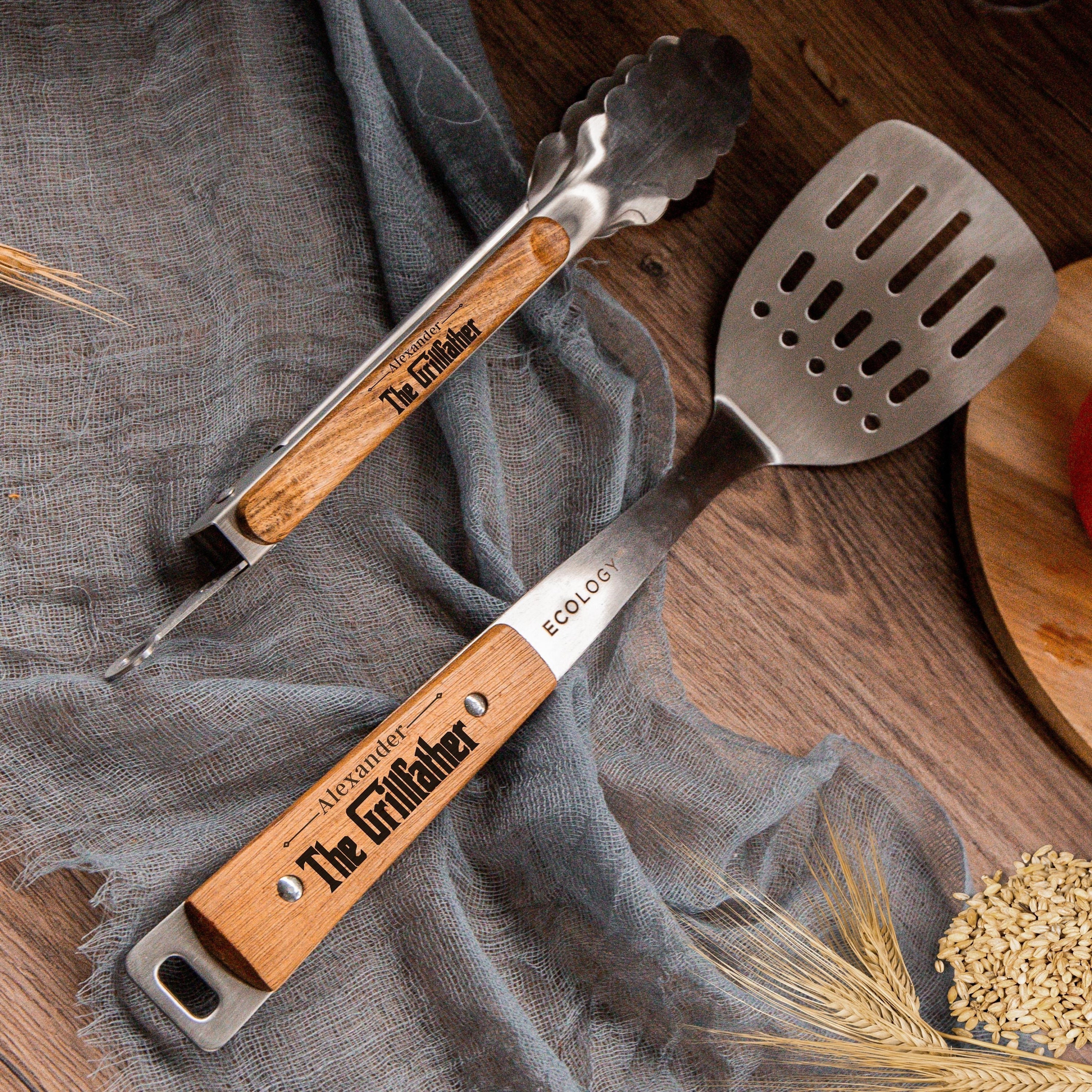 Personalised BBQ Grill Tool Set. Custom Engraved Wood Handle Barbecue  Cooking Utensils Fork Tongs Spatula L286 