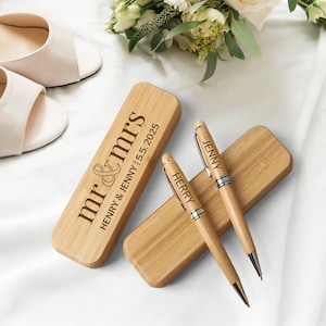 Ensemble d'étuis et de stylos en bambou écologique gravés personnalisés - Logo personnalisé pour cadeaux d'entreprise durables, enseignant, étudiant, événement, mariage