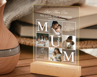 Custom 3D Collage Mom Photos Names LED Night Light, Personalised UV Printed Acrylic Wooden Table Lamp Sign Room Decor, Mum Mother's Day Gift