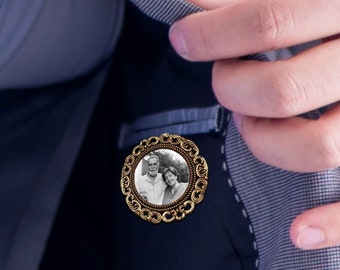 Personalised Photo Memorial Round Boutonniere Groom Lapel Pin/ Tie Clip, Bridal Bouquet Charm, Vintage Brooch Pendant, Wedding Keepsake Gift