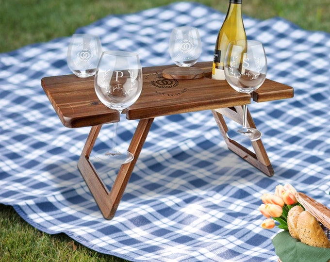 Personalised Foldable Portable Wooden Acacia Travel 4 People Picnic Table & Crystal Wine Glasses, Custom Engraved Wedding, Housewarming Gift