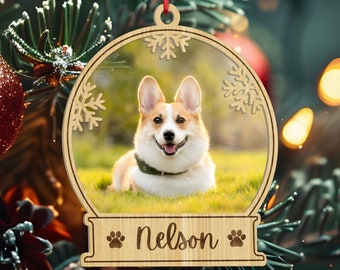 Personalised 3D Wood Acrylic Pet Photo Snow Globe Ornament Custom Etched Name Dog Cat Christmas Tree Tag In Loving Memory Heaven Bauble Gift