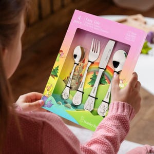 Custom Engraved Kid&#39;s Cutlery 4 Piece Set, Personalised Children Name Fairy Tale Dining Tools, Daycare Utensils, First Birthday Baptism Gift