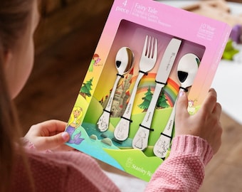 Custom Engraved Kid's Cutlery 4 Piece Set, Personalised Children Name Fairy Tale Dining Tools, Daycare Utensils, First Birthday Baptism Gift