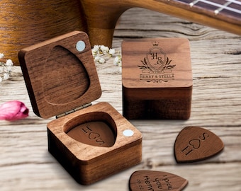 Custom Engraved Walnut Guitar Picks & Engraved Keepsake Box Case Set, Personalised Logo Musicians, Teacher, Student, Wedding, Mom, Dad Gifts