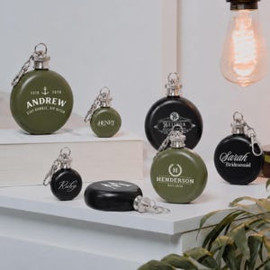 Personalised Round Hip Flask, Custom Engraved Stainless Flask Keyring, Bridesmaid Groomsmen, Wedding Favours Hens Buck Party, Corporate Gift