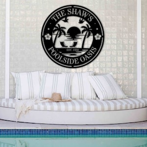 Enseigne personnalisée de cerceau de paysage au bord de la piscine, nom personnalisé acrylique bar de la piscine jardin/patio/deck art mural, cadeau de pendaison de crémaillère