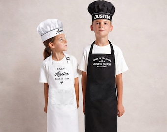 Delantal y gorro de chef bordados a medida para niños de 6 años o más, ayudante de cocina junior personalizado, regalo de cumpleaños o inauguración de casa para niños pequeños panaderos