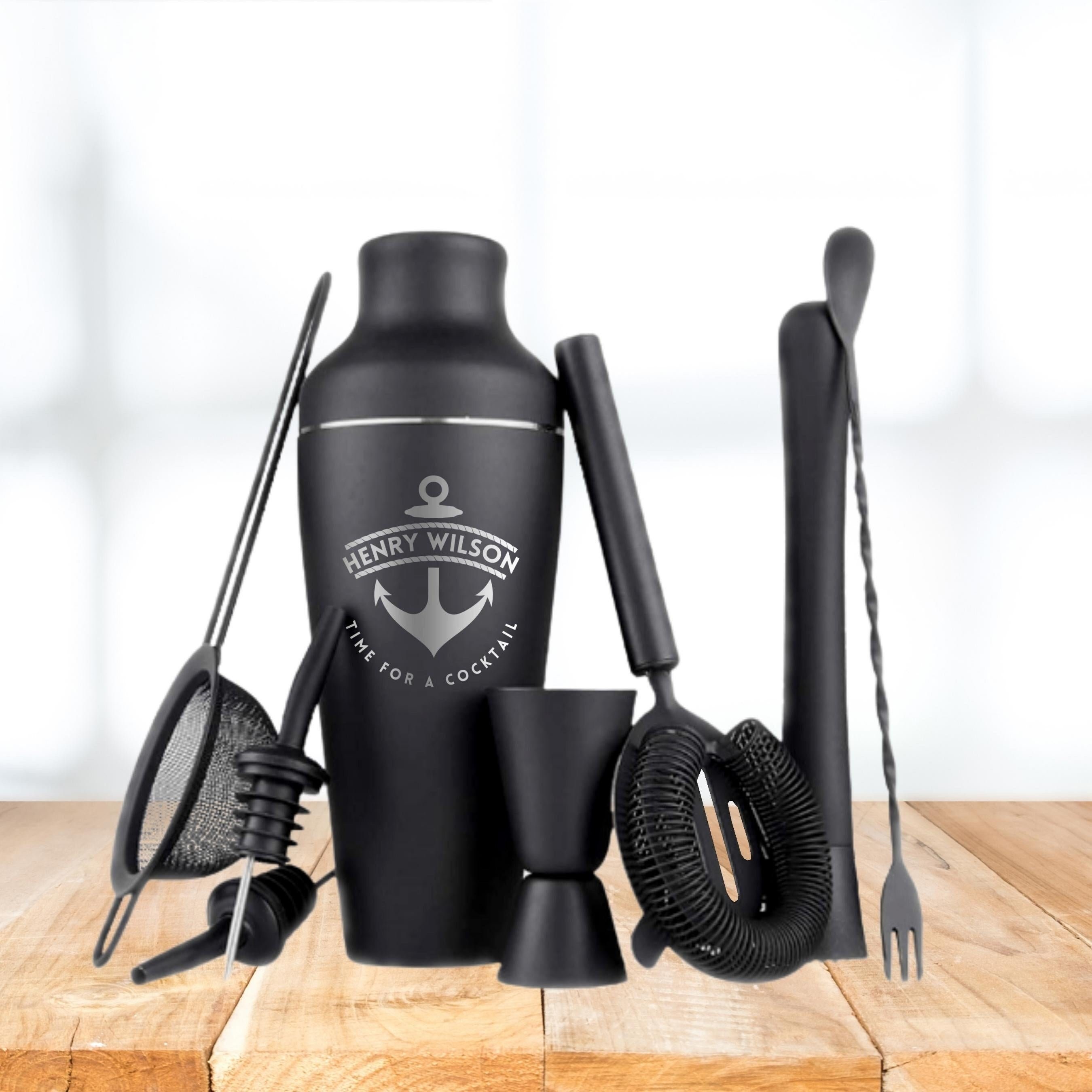 Engraved Steel Matte Black Cocktail/ Alcohol Shaker Set of 9 Barware, Personalised Custom Drink Mixer, Martini Bartender Tools, Gift for Him