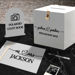 Juego de 3 paquetes de boda hechos a medida, caja de pozo de deseos blanca acrílica personalizada, libro de visitas con memoria, tarjeta y regalos/letrero de mesa con foto del libro de visitas