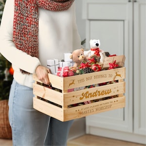 Caja de madera grande personalizada para Nochebuena, caja de juguetes personalizada para niños con Papá Noel, regalo de Navidad, tradición familiar, regalo corporativo, almacenamiento