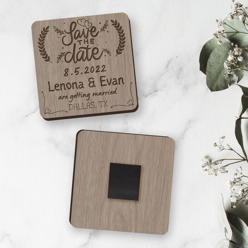 Engraved Wooden Save the Date Square Fridge Magnets, Personalised ...
