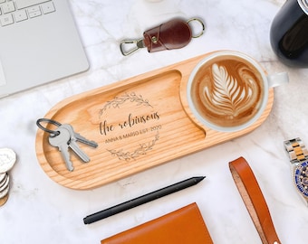 Personalised Ash Wood Round Catchall Tray & Drink Holder, Jewellery/ Tech/ Office Valet, Custom Engraved Timber Organiser, Desk Accessories