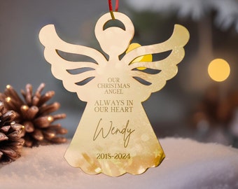 Personalised Angel Christmas Tree Ornament, Heaven Memorial Engraved Custom Name, Forever In Our Heart, In Loving Memory Xmas Baubles Decor