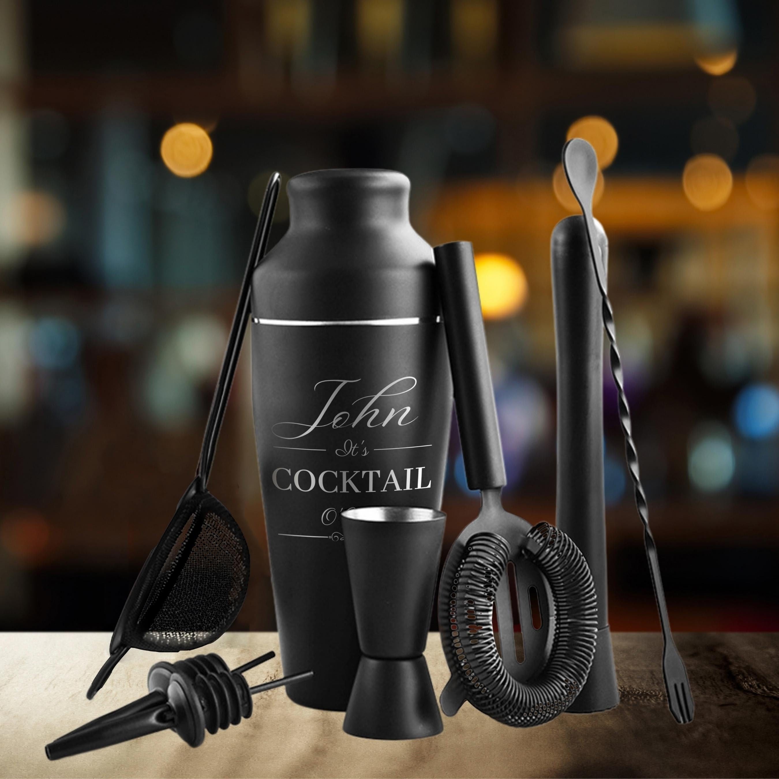 Engraved Steel Matte Black Cocktail/ Alcohol Shaker Set of 9 Barware, Personalised Custom Drink Mixer, Martini Bartender Tools, Gift for Him