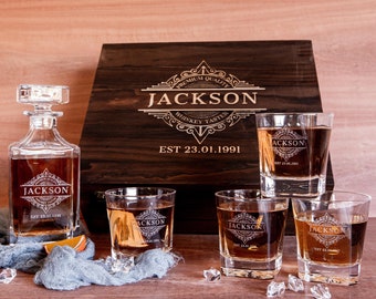 Engraved Wooden Boxed Whiskey Decanter Set & 4  Scotch Glasses, Personalised Custom Vintage Whisky Barware Birthday Gift Dad/ Him, Groomsmen