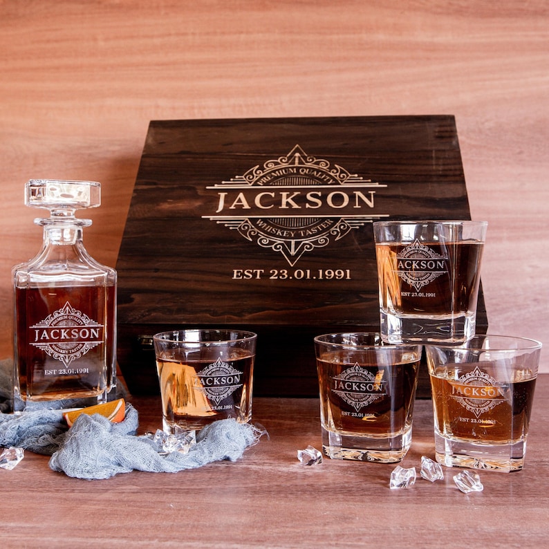Engraved Wooden Boxed Whiskey Decanter Set & 4 Scotch Glasses Etsy