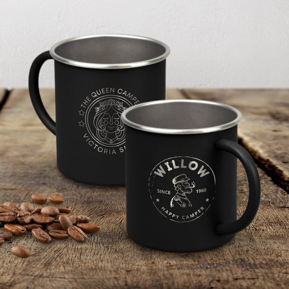 Personalised 350ml Stainless Steel Camping Coffee Cup, Custom Logo Engraved Adventure, Picnic, Hiking Mug, Etched Travel Tumbler, Dad's Gift