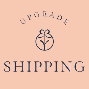 May include: A logo with the text "UPGRADE SHIPPING" in a dark blue font on a light pink background. A stylized gift box with a bow is centered between the words.