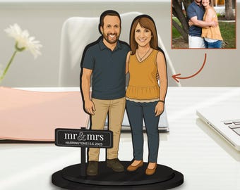Personalised 3D Wooden Cartoon Couple Figurine Display, Custom Print Photo Portrait Caricature Home Decor, Birthday, Anniversary, Xmas Gift