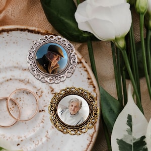 Personalised Photo Memorial Bridal Bouquet Charm,  Silver, Gold Boutonniere Groom Lapel Pin/ Tie Clip, Vintage Brooch Pendant, In Heaven Wedding Keepsake, Remembrance Gift