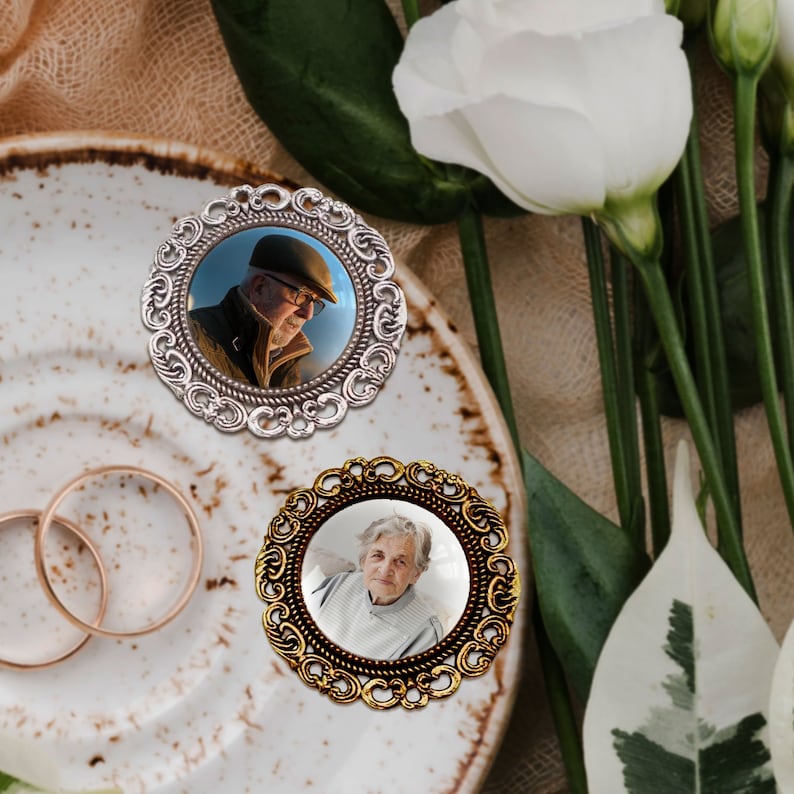 Personalised Photo Memorial Bridal Bouquet Charm,  Silver, Gold Boutonniere Groom Lapel Pin/ Tie Clip, Vintage Brooch Pendant, In Heaven Wedding Keepsake, Remembrance Gift